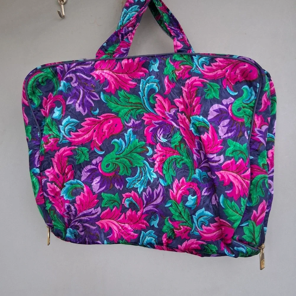 Vintage Leslie Fay Floral Travel Organizer Bag Purple Pink Jewel Tone 90s